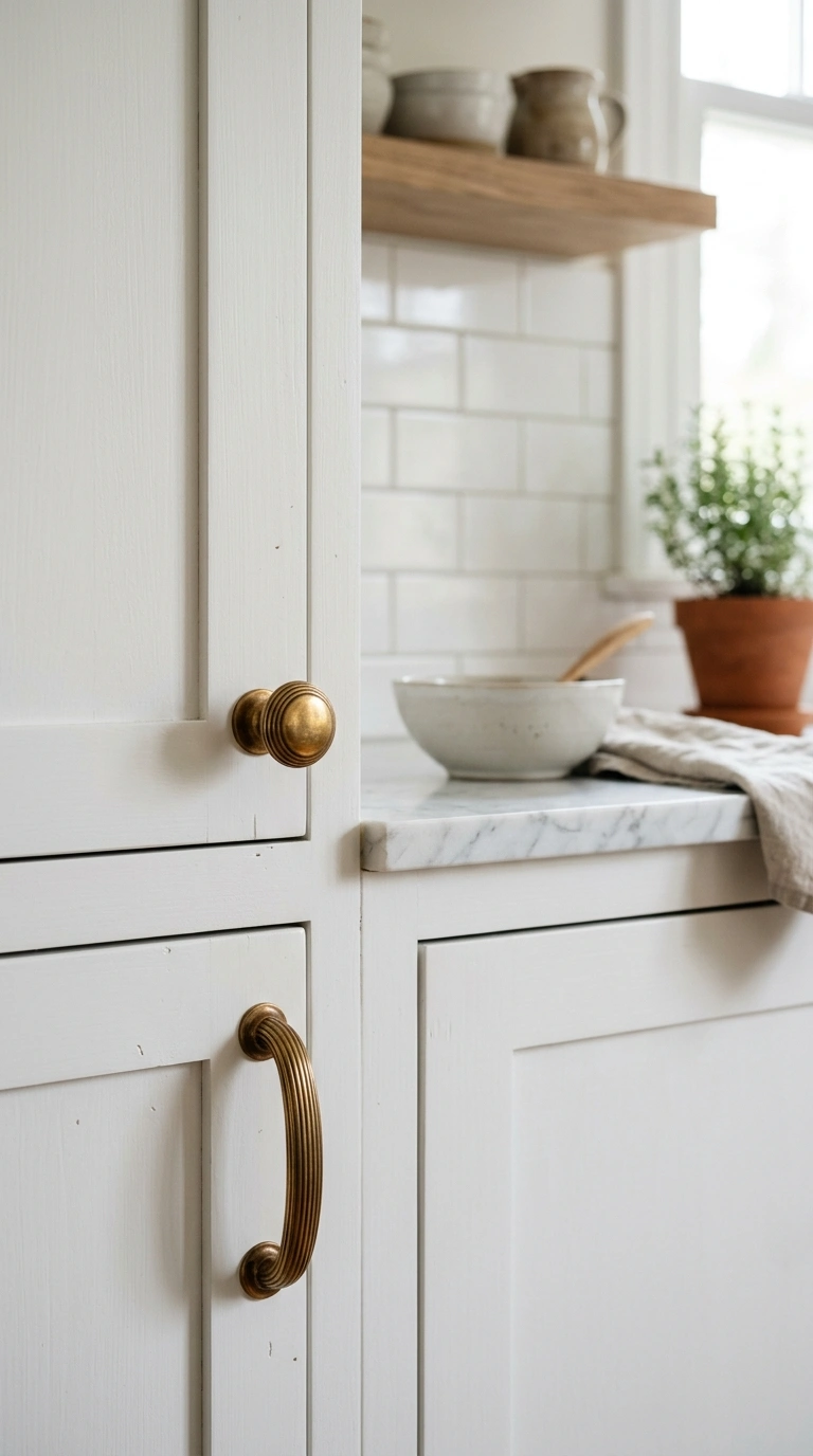 011 Warm Cabinet Hardware A close up of white kitchen