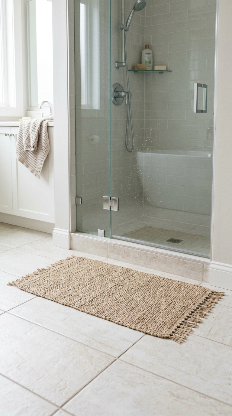 21 Affordable Bathroom Decor Ideas With Plenty of Style 12 011 Woven Bath Mat A bathroom floor in front of a glas