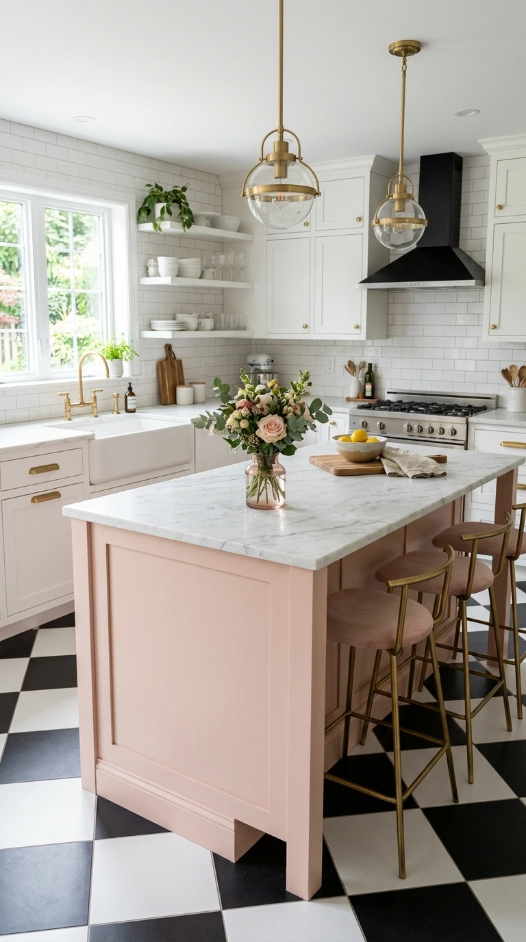 012 Blush Pink Accents A white kitchen with a blush pi