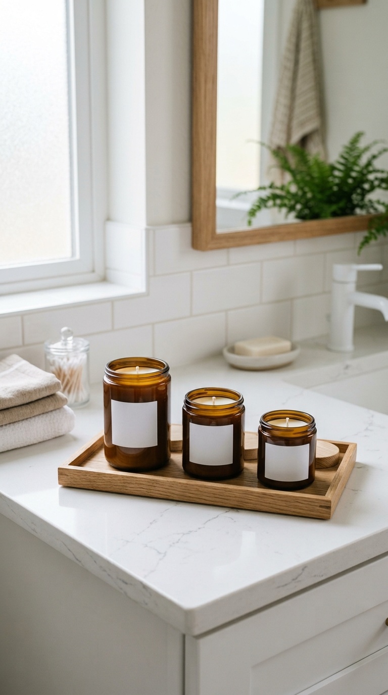25 Bathroom Decor Ideas to Transform Your Space on a Budget 13 012 Candle Display Corner A small wooden tray holding