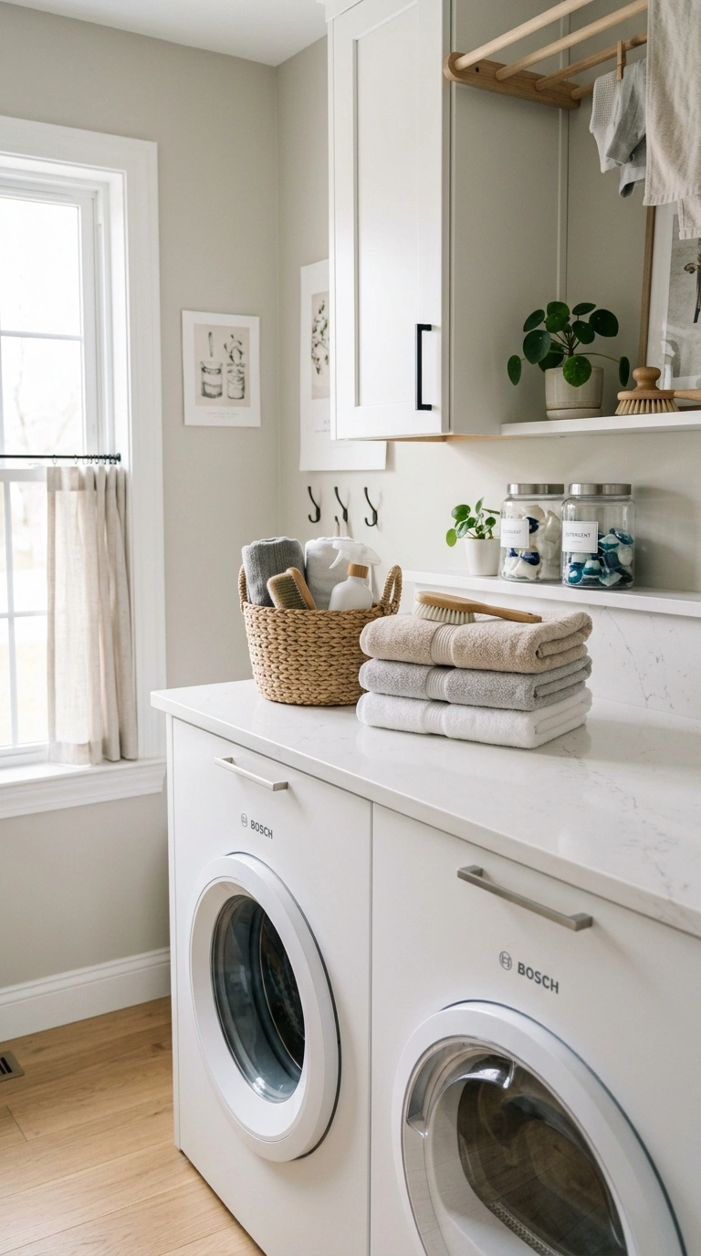 20 Laundry Room Ideas for Smarter Storage and Easier Laundry Days 13 012 Countertop Over Machines A smooth quartz counterto