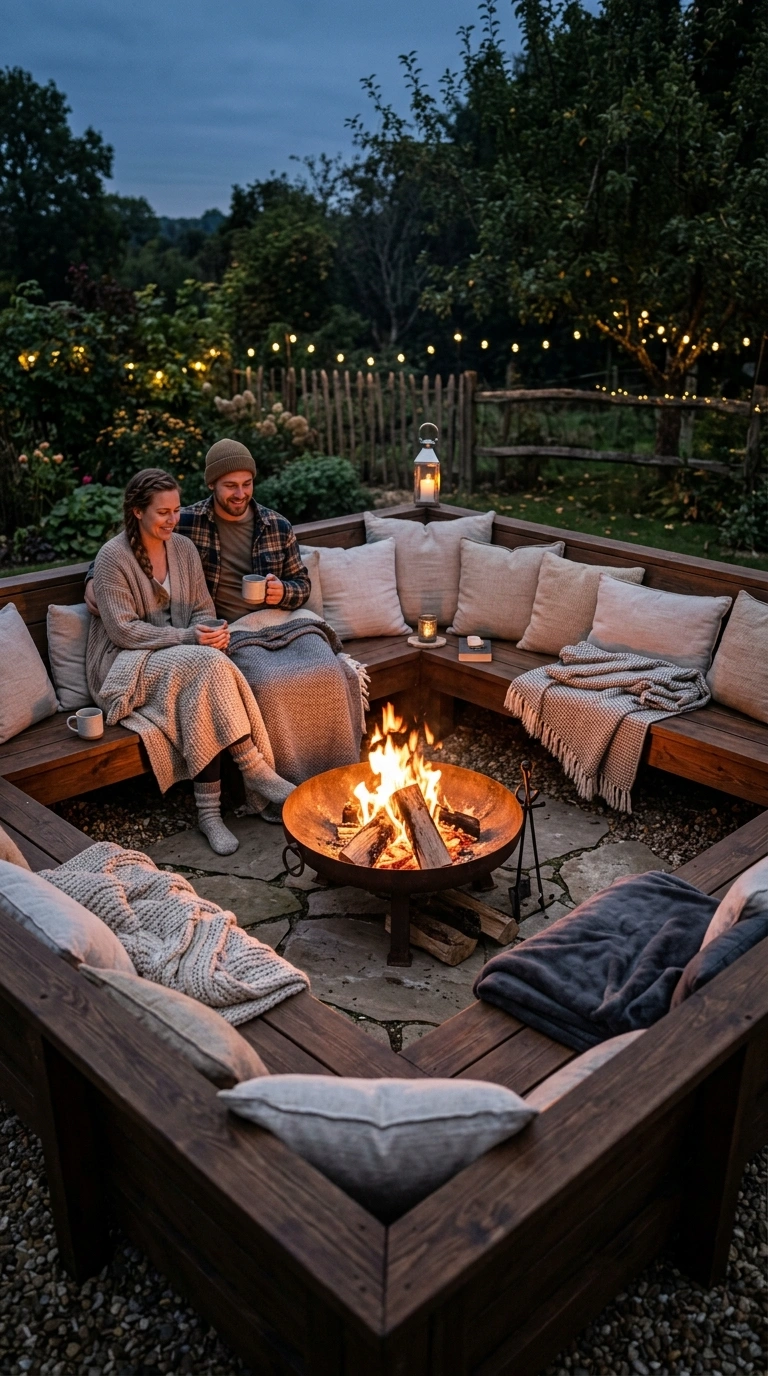 26 Outdoor Decorating Ideas for a Calm and Comfortable Backyard 13 012 Cozy Fire Bench A backyard fire pit surrounded by