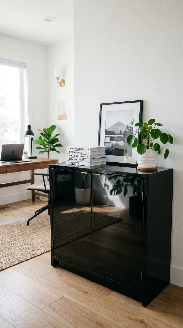 012 Glossy Black Cabinet A home office with a glossy b