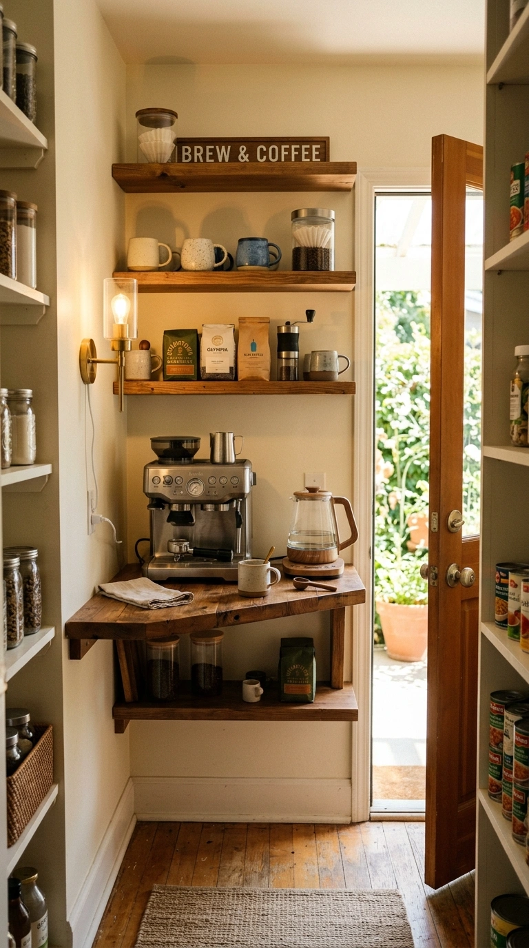 Turn a Small Corner Into a Coffee Bar With These 19 DIY Ideas 13 012 Hidden Pantry Bar A walk in pantry with one wall s
