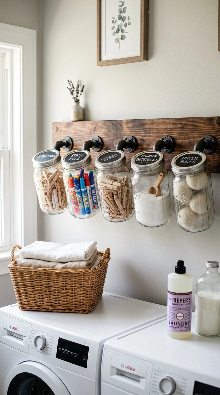 012 Mason Jar Organizers A laundry room wall with maso