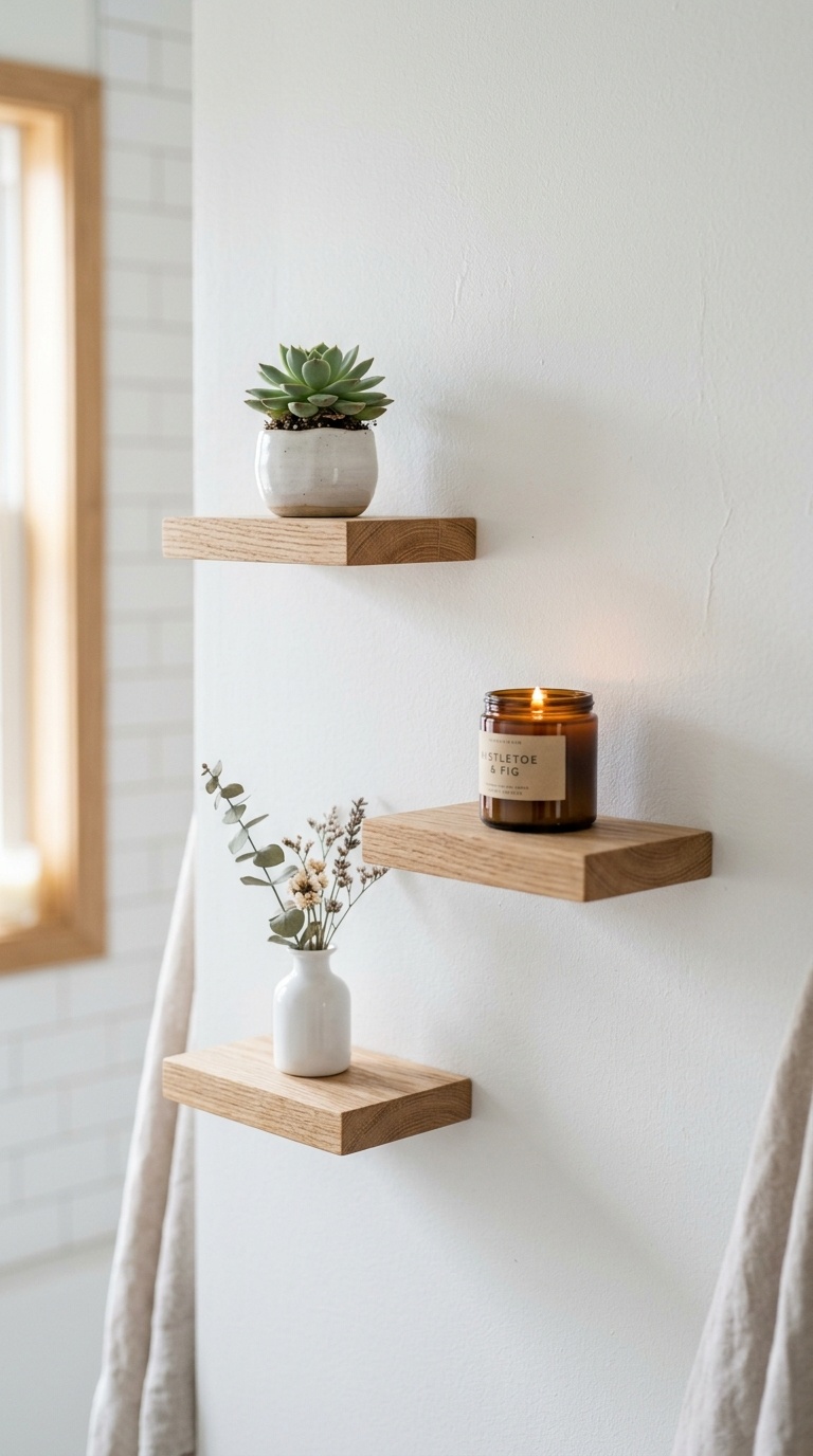 23 Small Bathroom Wall Decor Ideas That Make a Big Impact 13 012 Mini Floating Shelves Three tiny light wood floati