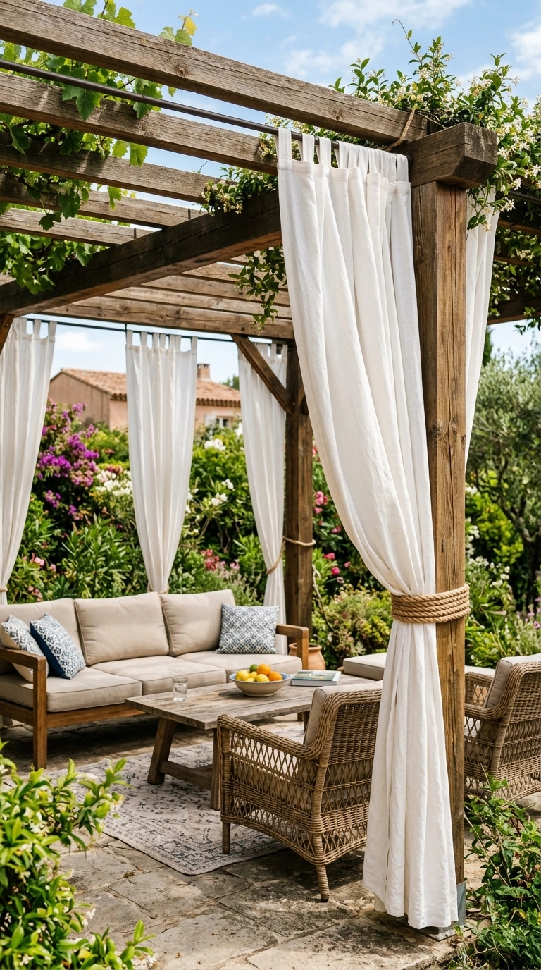 19 Outdoor Decor Ideas Everyone Is Saving Right Now 13 012 Pergola Curtains A wooden pergola with white linen