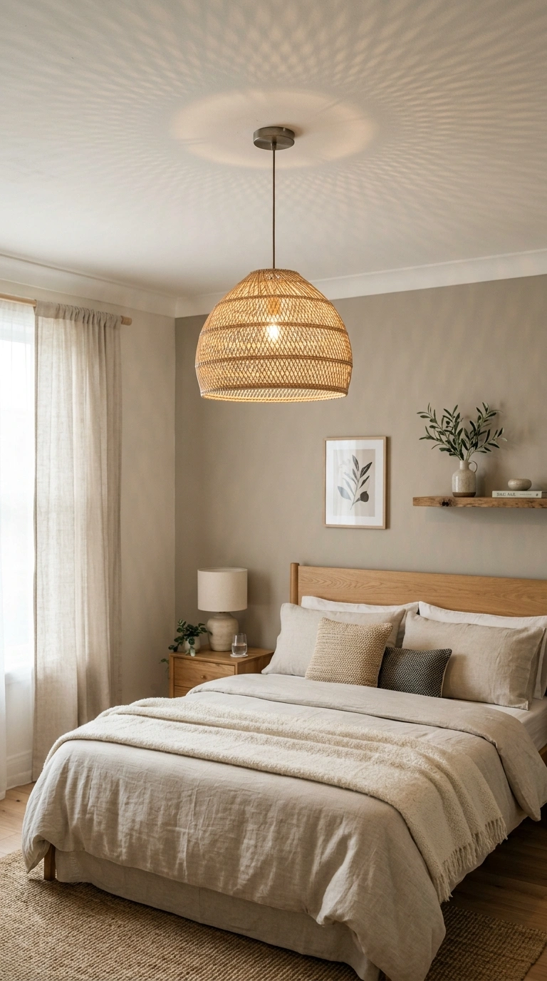 012 Rattan Pendant Light A bedroom ceiling with a wove