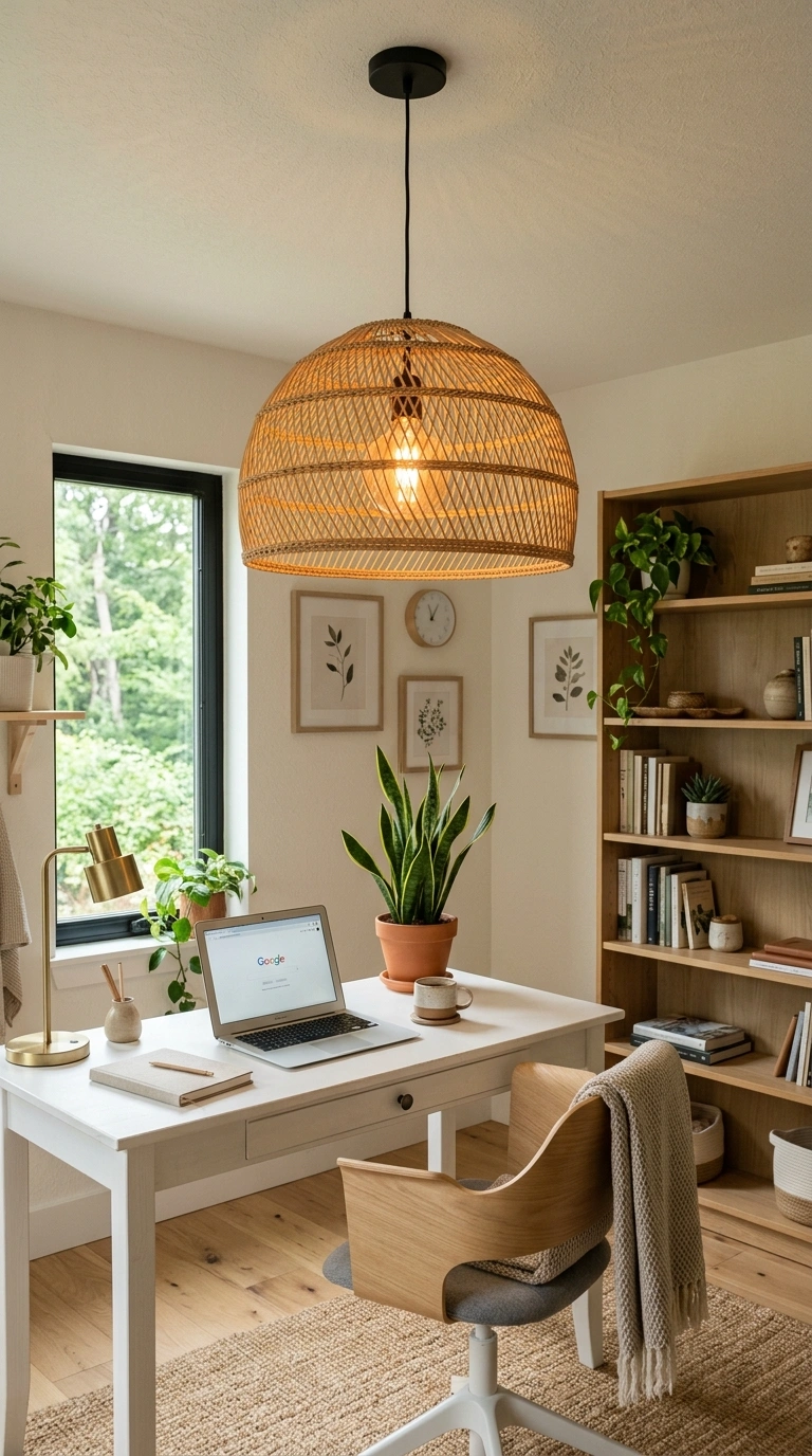 25 Office Decor Ideas for Women That Feel Stylish and Personal 13 012 Rattan Pendant Light A home office with a woven ra