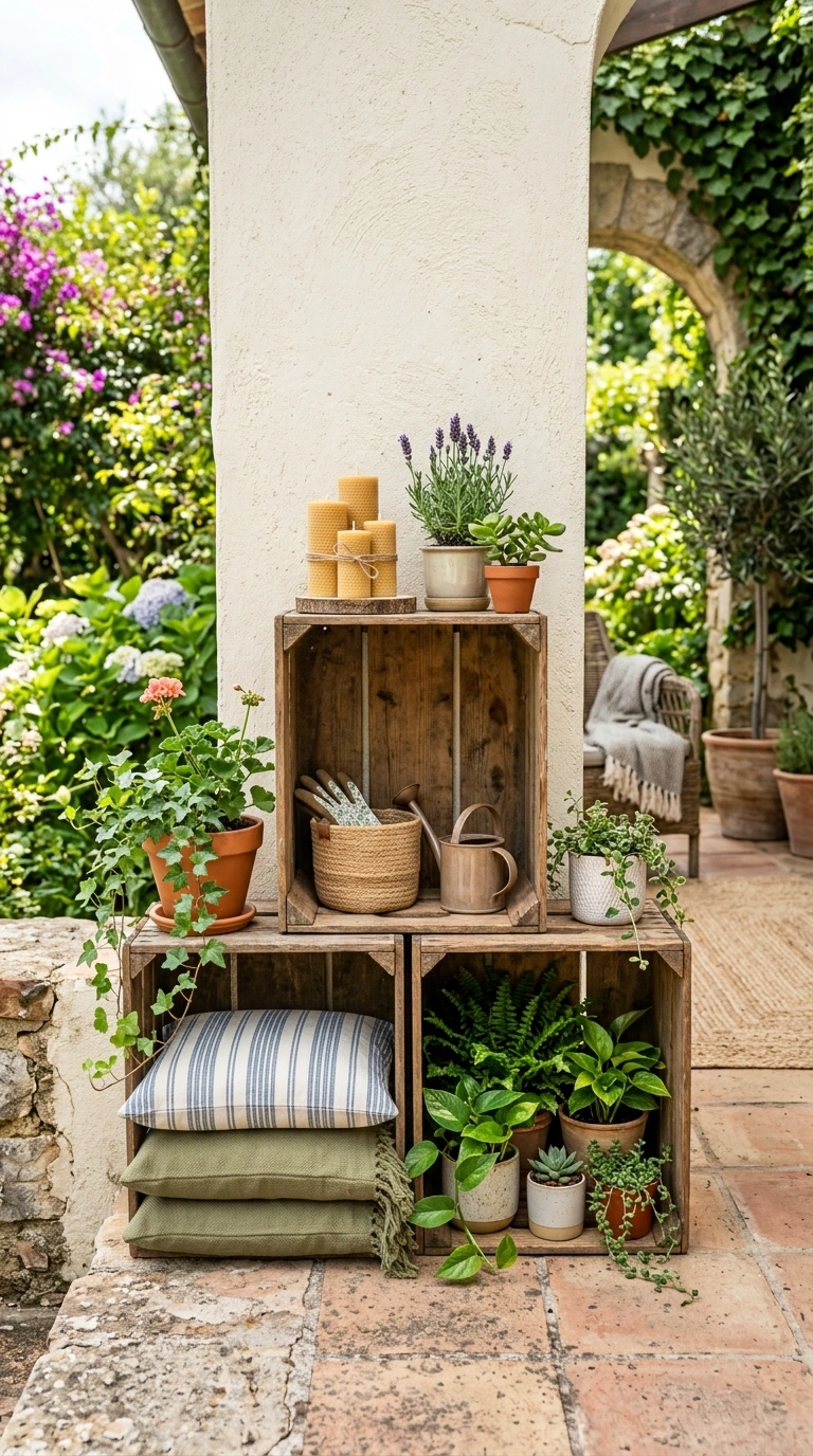 012 Repurposed Crate Shelves A patio wall with three w