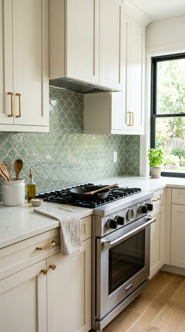 012 Scalloped Tile Backsplash A kitchen with a sage gr
