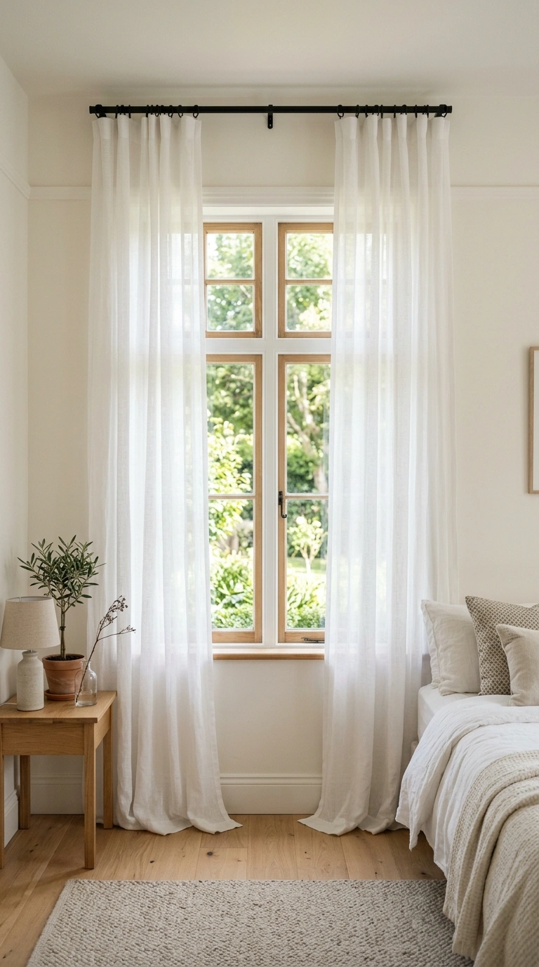 22 Bedroom Decor Ideas That Make Your Space Feel More Luxurious 13 012 Sheer Curtain Panels A bedroom window with soft wh