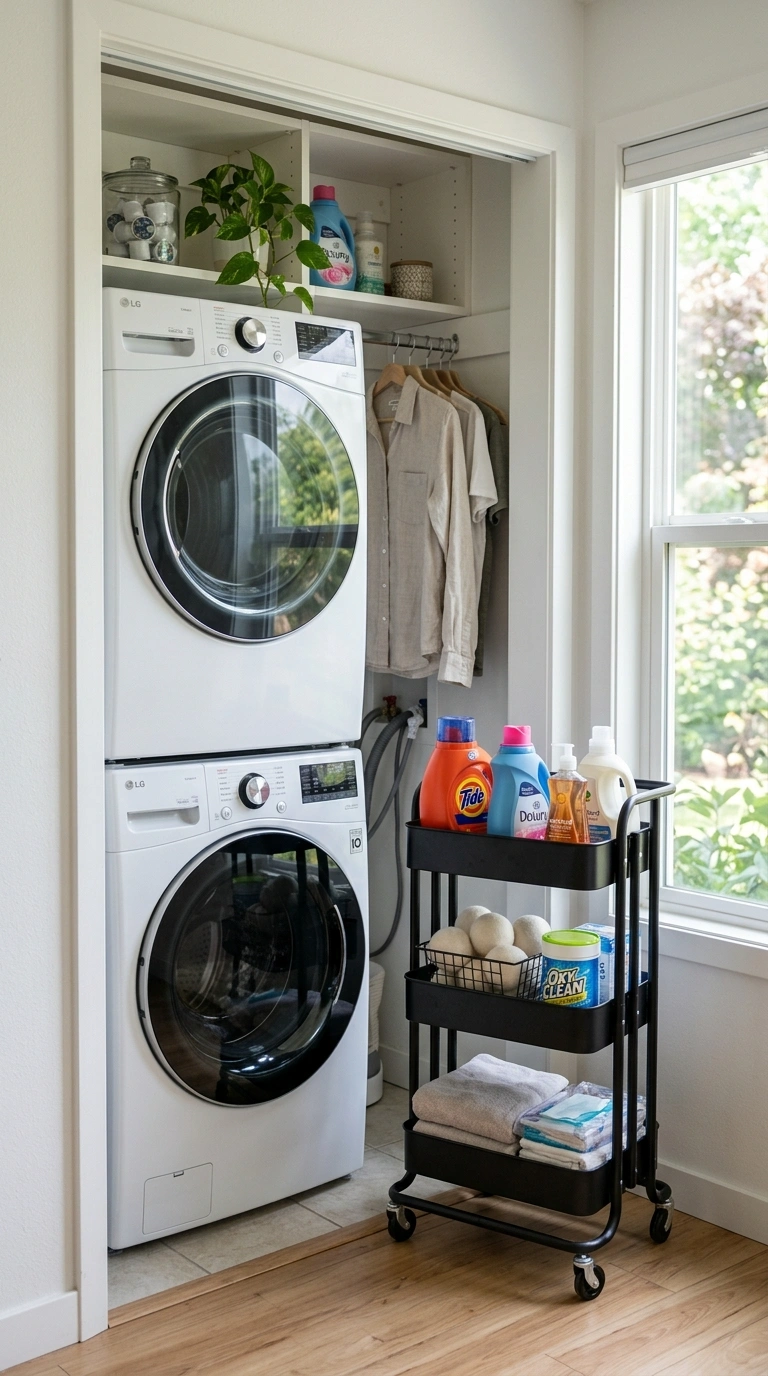 27 Laundry Room Ideas From Tiny Spaces to Spacious Setups 13 012 Stacked Machine Nook A stacked washer and dryer un