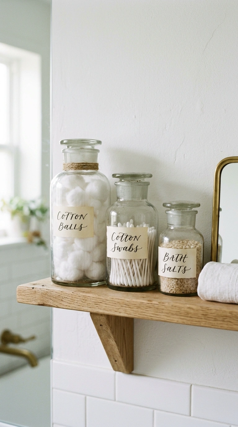 21 Affordable Bathroom Decor Ideas With Plenty of Style 13 012 Vintage Apothecary Jars A bathroom shelf with thre