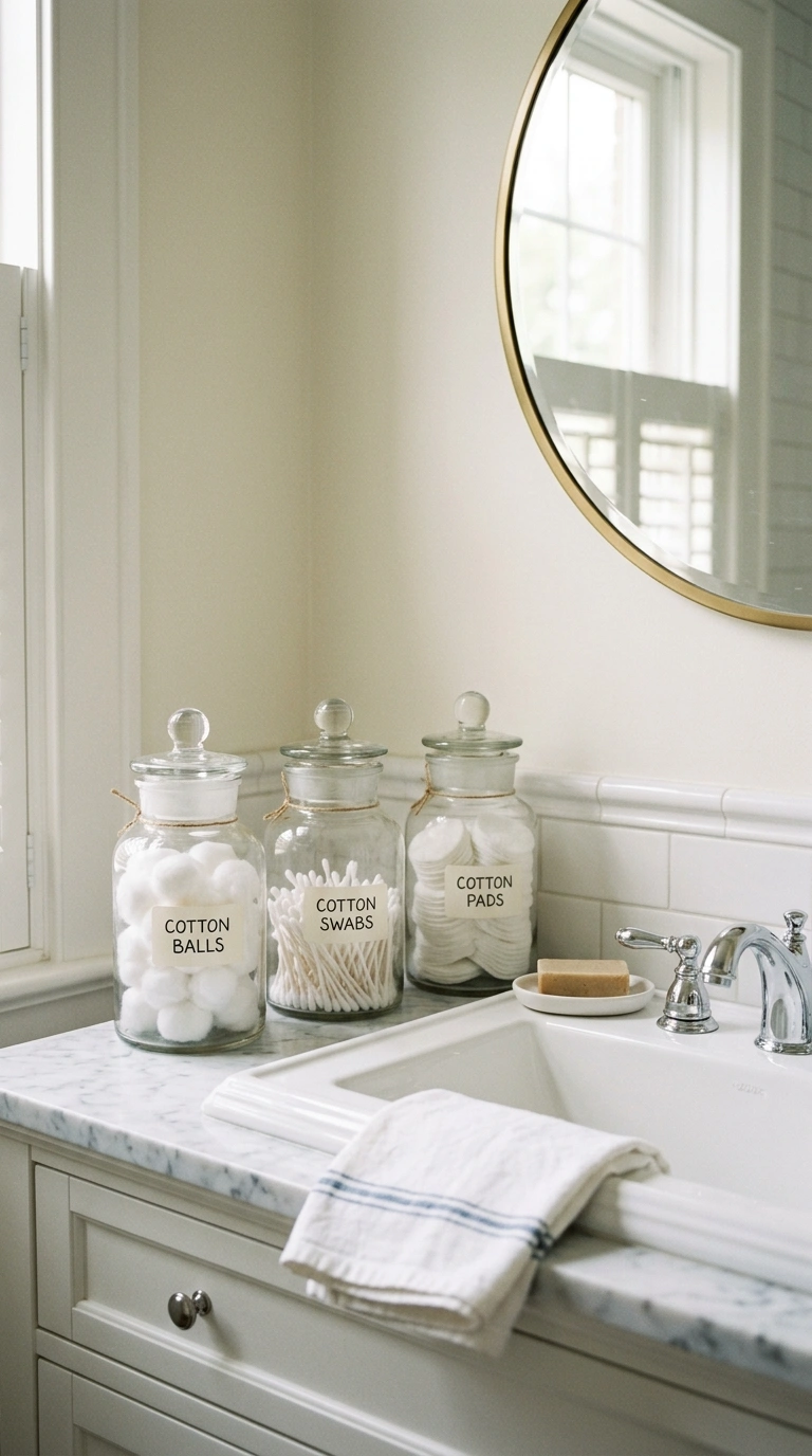 012 Vintage Glass Jars A bathroom counter with three g