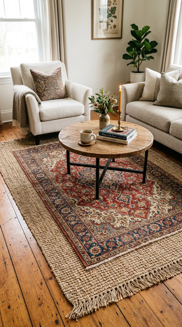 19 Stylish Living Room Ideas for a Home That Feels Put Together 13 012 Vintage Rug Layering A living room with a jute rug
