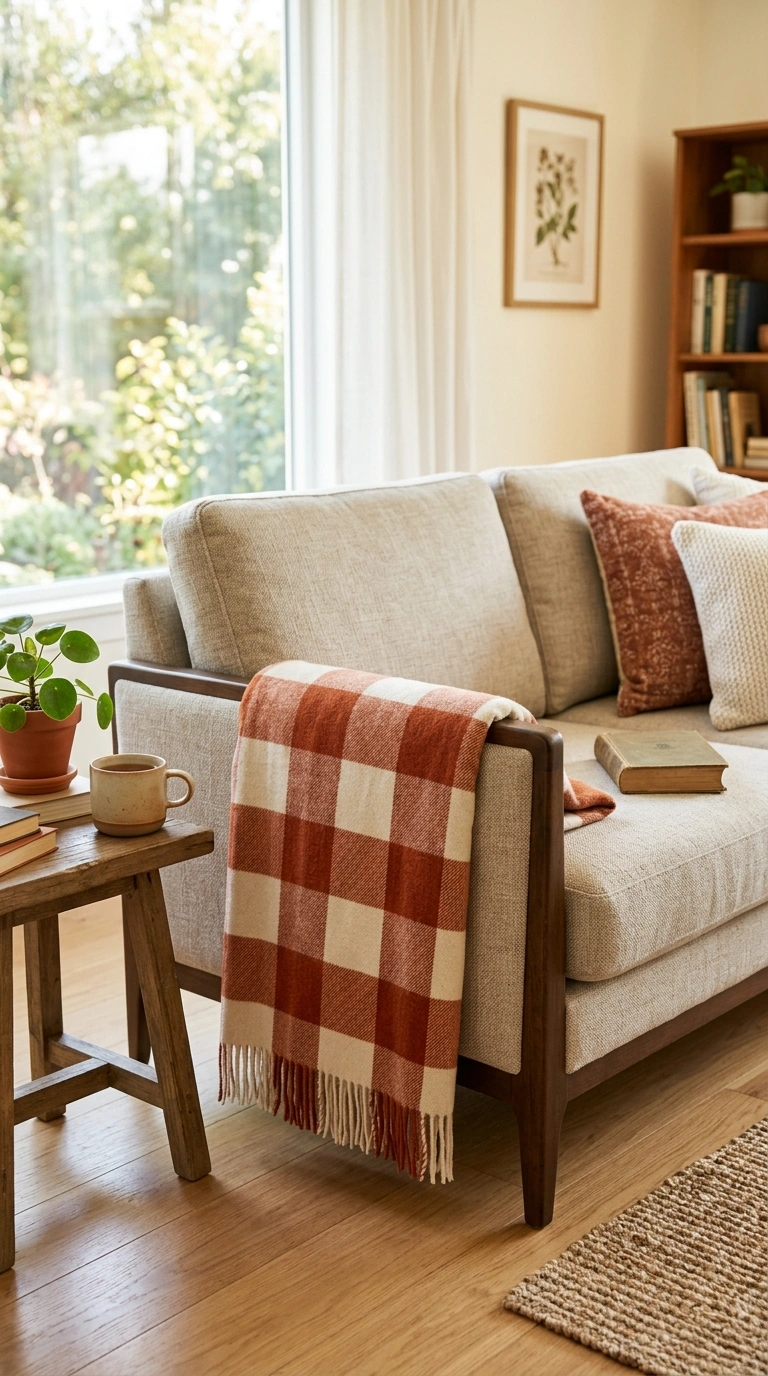 25 Seasonal Decor Ideas to Keep Your Home Feeling Fresh All Year 13 012 Warm Plaid Throw Blankets A living room sofa with