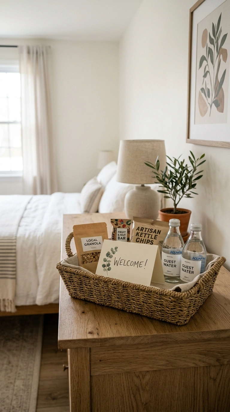 012 Welcome Basket Display A bedroom dresser with a sm