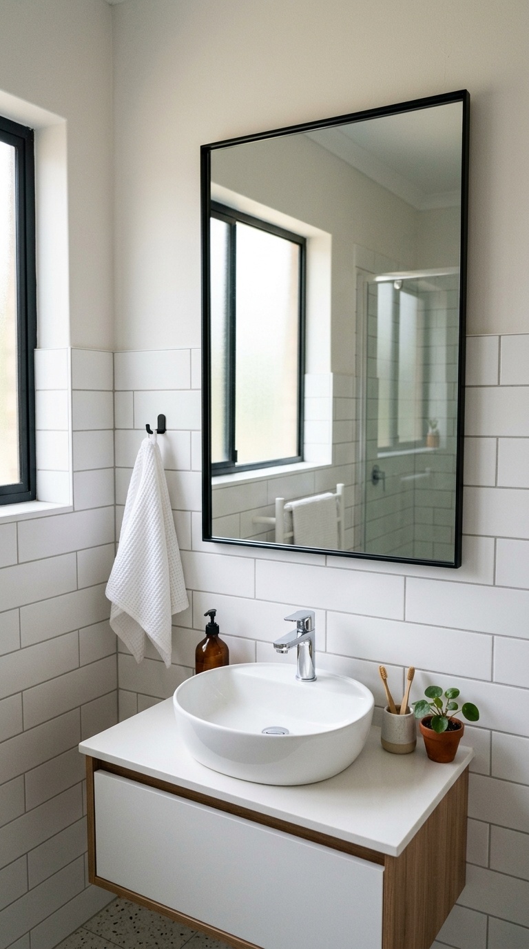 23 Small Bathroom Wall Decor Ideas That Make a Big Impact 14 013 Black Framed Mirror A rectangular mirror with a sl