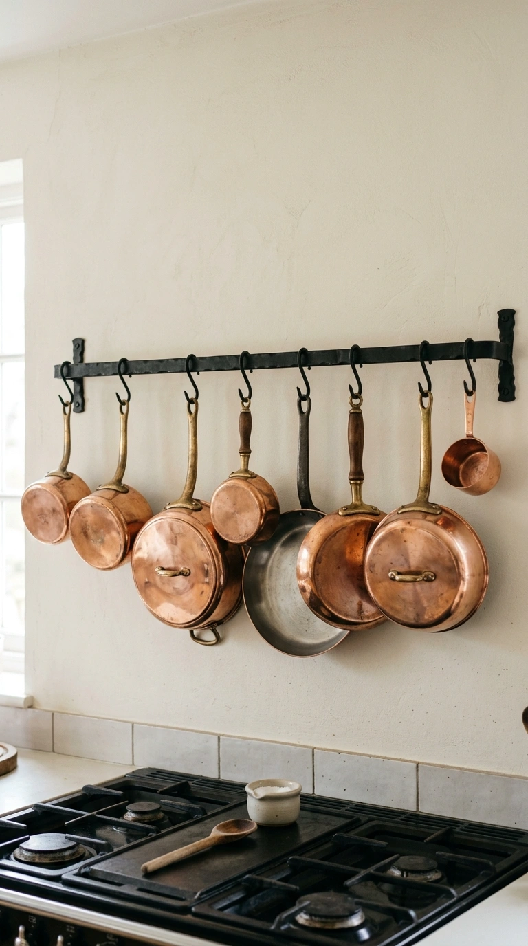 013 Copper Pot Rail A kitchen wall near the stove with