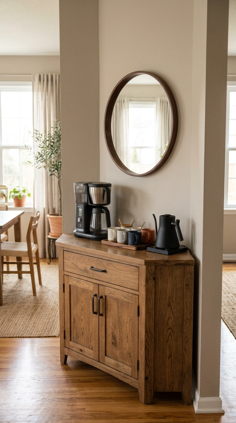 Turn a Small Corner Into a Coffee Bar With These 19 DIY Ideas 14 013 Corner Buffet Bar A wooden buffet cabinet placed d