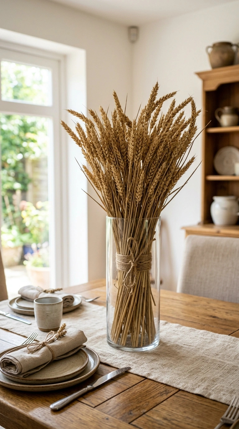 25 Seasonal Decor Ideas to Keep Your Home Feeling Fresh All Year 14 013 Dried Wheat Centerpiece A dining table with a tall