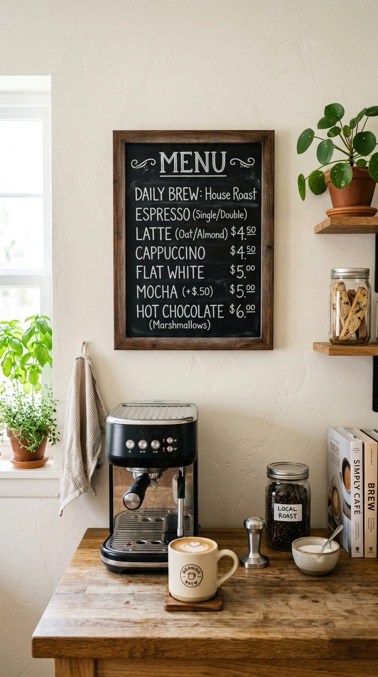 19 Coffee Station Setups That Bring Café Vibes Home 14 013 Menu Board Wall A kitchen wall with a small black