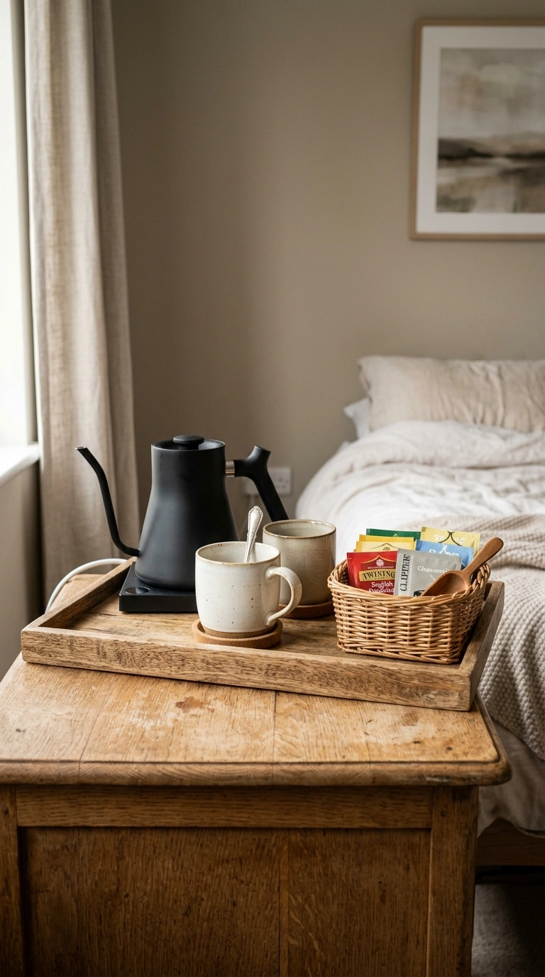 19 Ways to Give Your Guest Bedroom a Boutique-Hotel Touch 14 013 Mini Coffee Station A small wood tray on a dresser