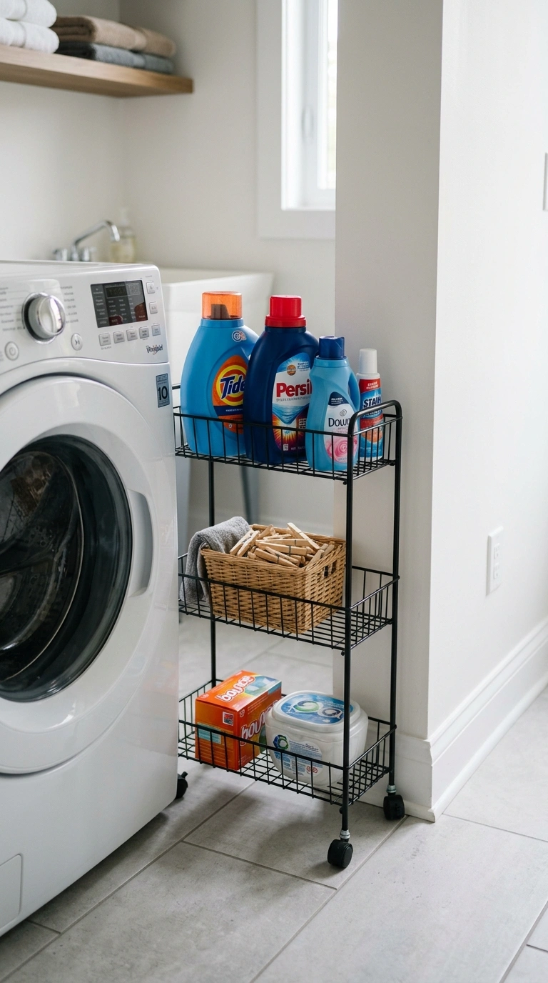 27 Laundry Room Ideas From Tiny Spaces to Spacious Setups 14 013 Narrow Rolling Cart A slim wire rolling cart tucke