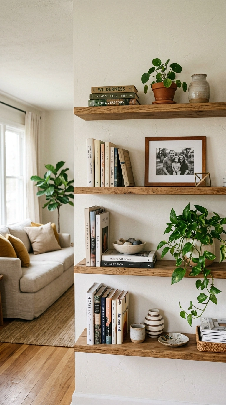19 Stylish Living Room Ideas for a Home That Feels Put Together 14 013 Open Shelving Display A living room with open wood