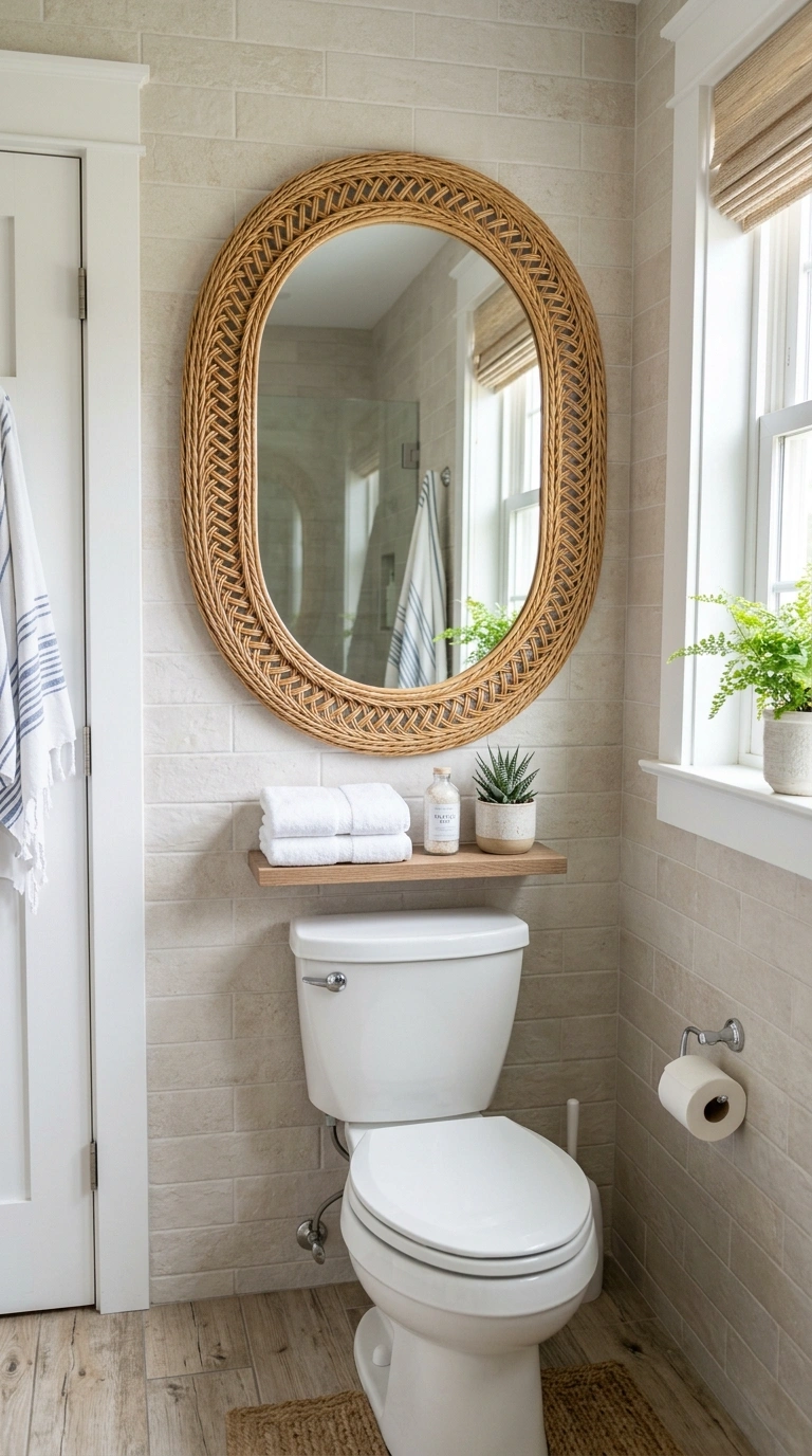 013 Rattan Mirror Frame An oval mirror with a woven ra