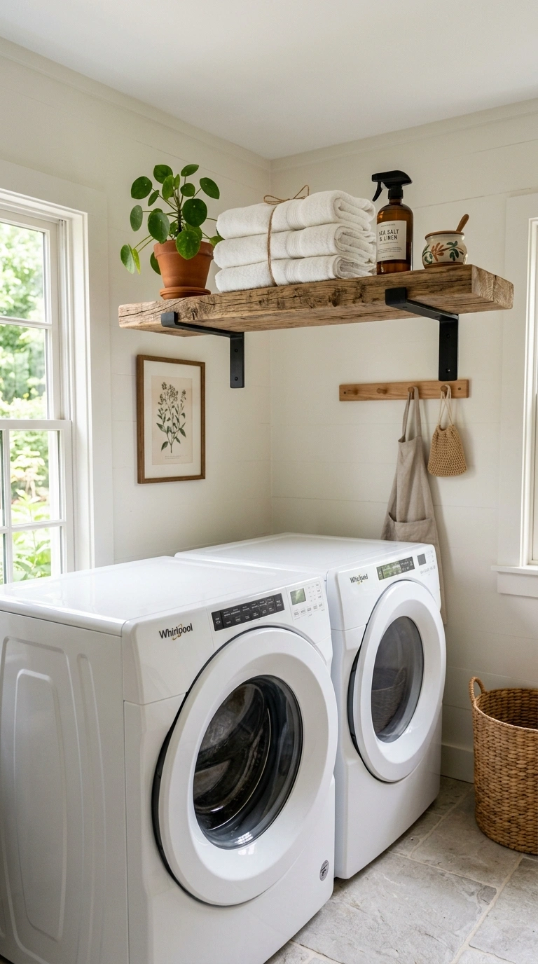 013 Rustic Wood Shelf A laundry room with a single thi