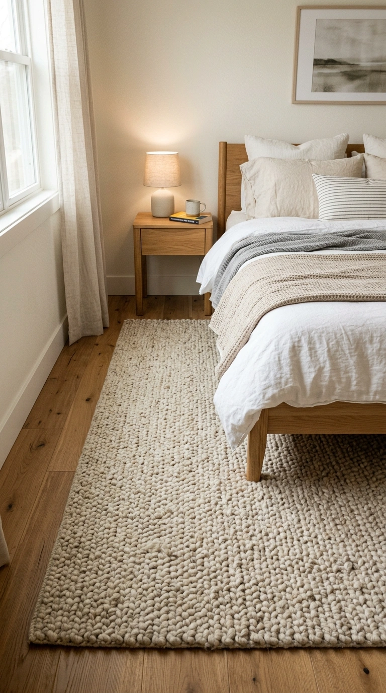 22 Bedroom Decor Ideas That Make Your Space Feel More Luxurious 14 013 Textured Area Rug A bedroom floor beside a bed wit