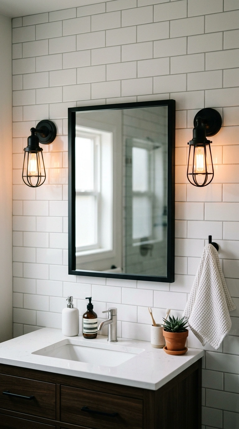 21 Affordable Bathroom Decor Ideas With Plenty of Style 14 013 Wall Mounted Sconces A bathroom mirror flanked by