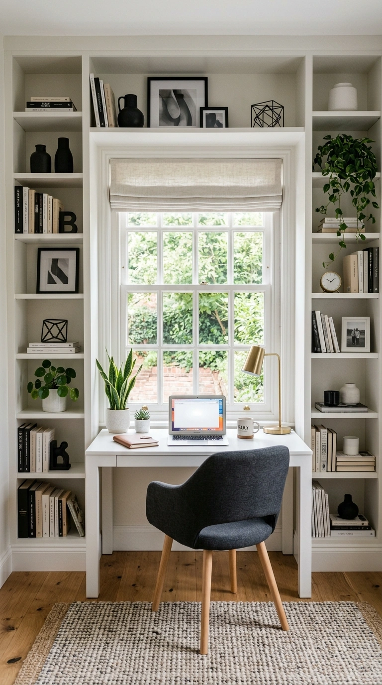 013 White Built In Shelves A home office with white bu