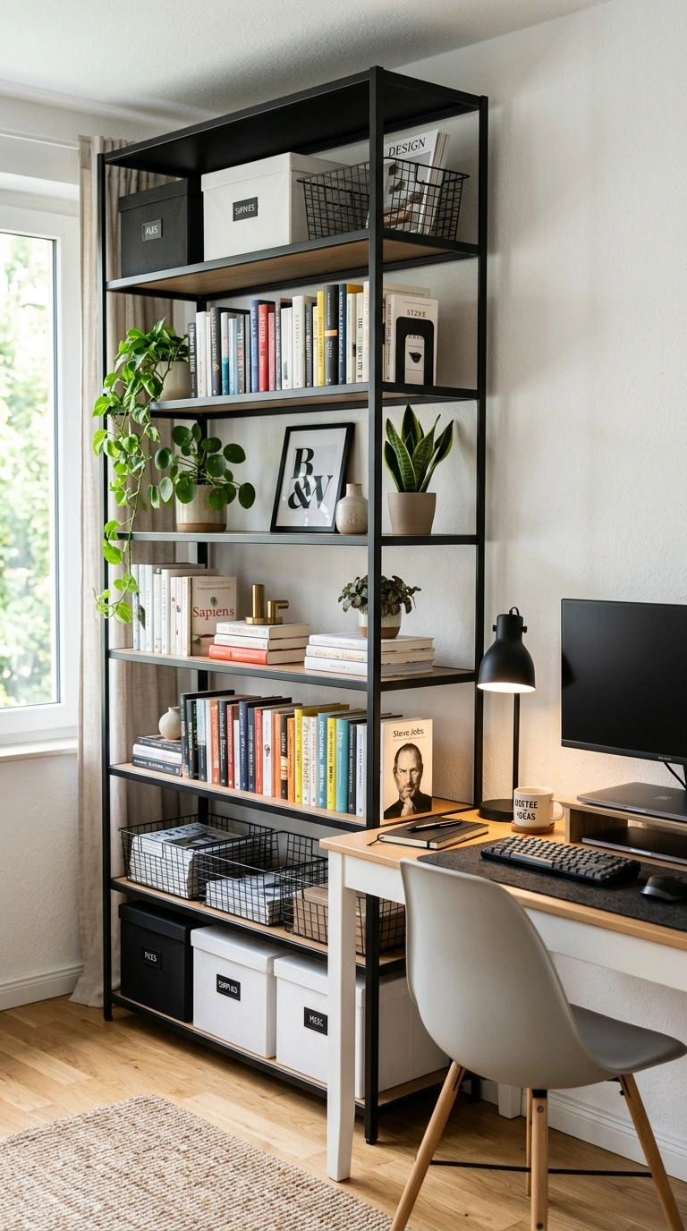 014 Black Metal Shelving A home office with an open bl
