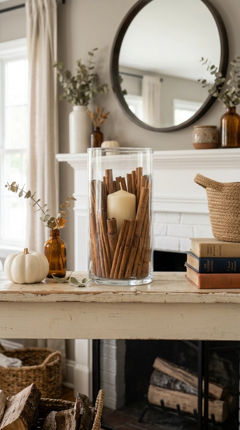 25 Seasonal Decor Ideas to Keep Your Home Feeling Fresh All Year 15 014 Cinnamon Stick Vase Filler A mantel styled with a