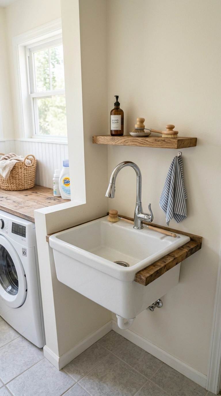 27 Laundry Room Ideas From Tiny Spaces to Spacious Setups 15 014 Corner Utility Sink A deep ceramic utility sink in