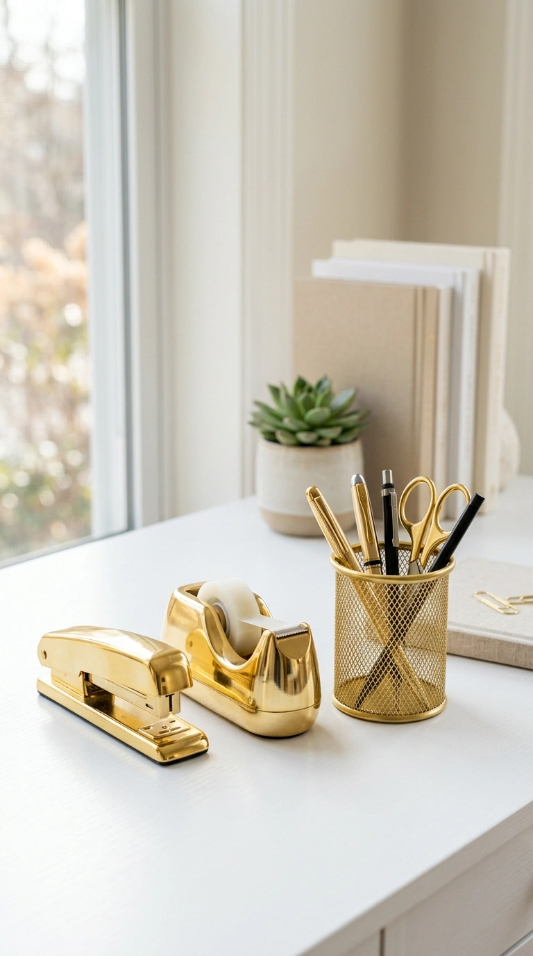 25 Office Decor Ideas for Women That Feel Stylish and Personal 15 014 Gold Desk Accents A close up of a white desk with