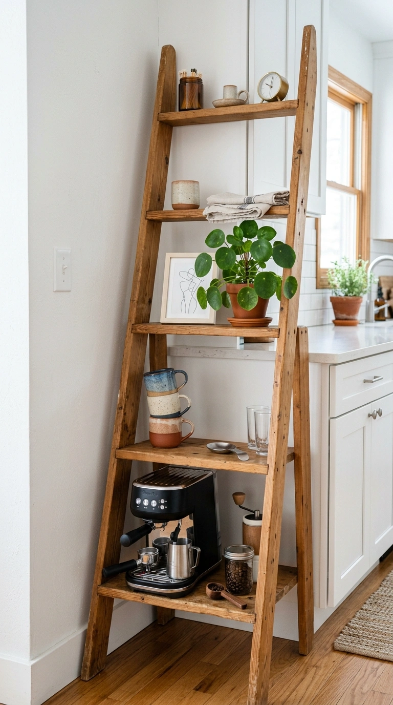 Turn a Small Corner Into a Coffee Bar With These 19 DIY Ideas 15 014 Ladder Shelf Bar A wood ladder shelf leaning again