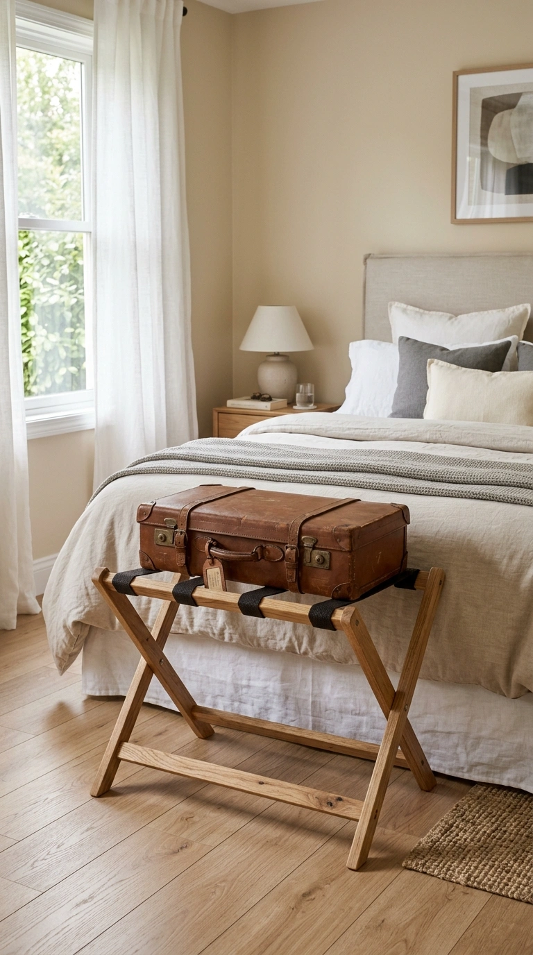 19 Ways to Give Your Guest Bedroom a Boutique-Hotel Touch 15 014 Luggage Rack Bench A folding wood luggage rack at
