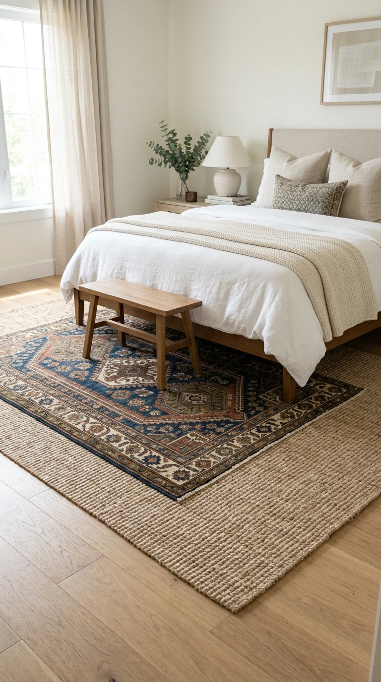 014 Rug Layering Trick A bedroom floor with a large ne