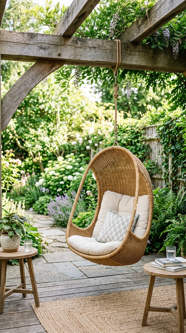 26 Outdoor Decorating Ideas for a Calm and Comfortable Backyard 15 014 Shaded Swing Chair A backyard with a woven rattan