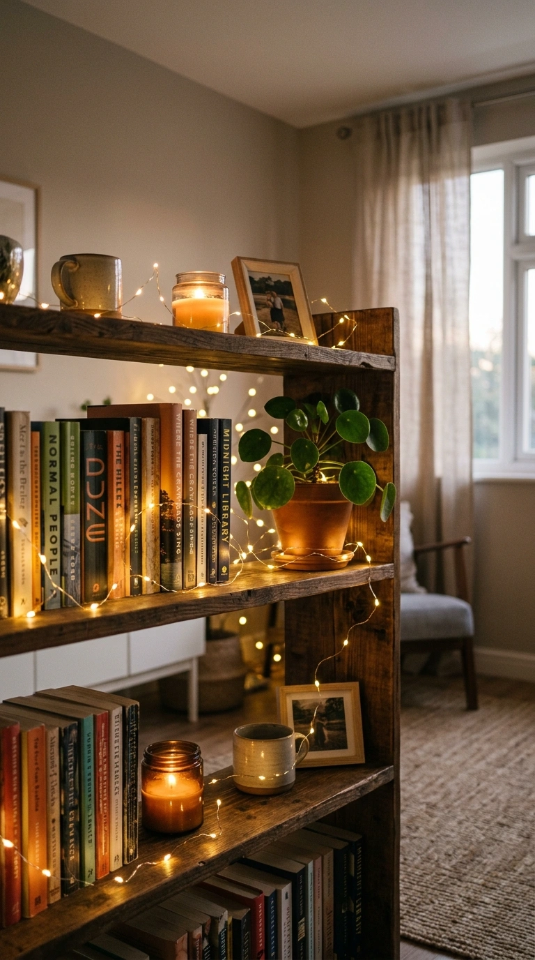 014 String Warm Fairy Lights A living room shelf drape