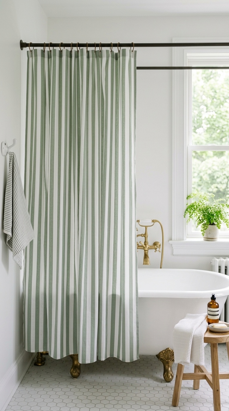 25 Bathroom Decor Ideas to Transform Your Space on a Budget 15 014 Striped Shower Curtain A sage green and white stri
