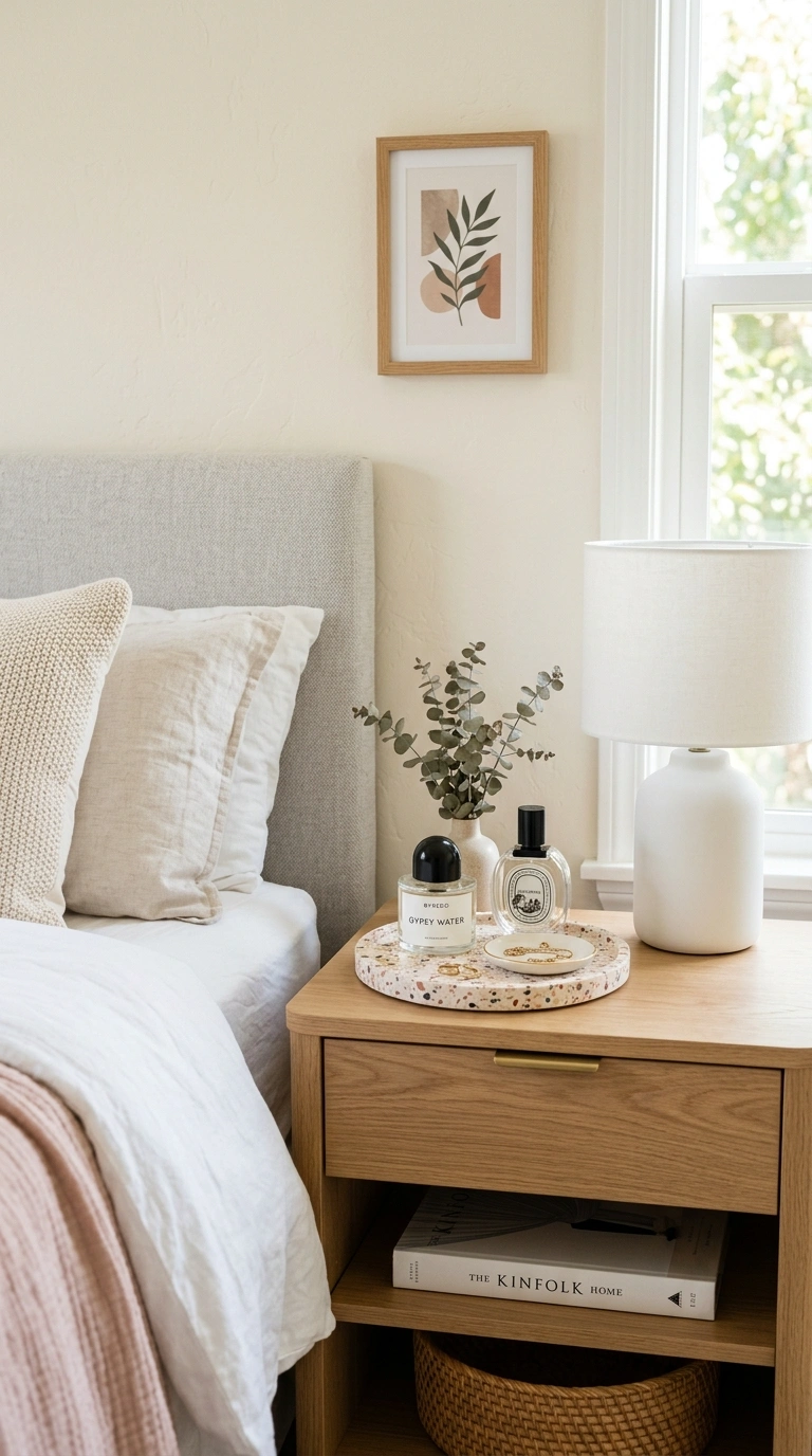 21 Bedroom Ideas for Women in Their 20s With Stylish Personality 15 014 Terrazzo Accent Pieces A bedroom nightstand styled