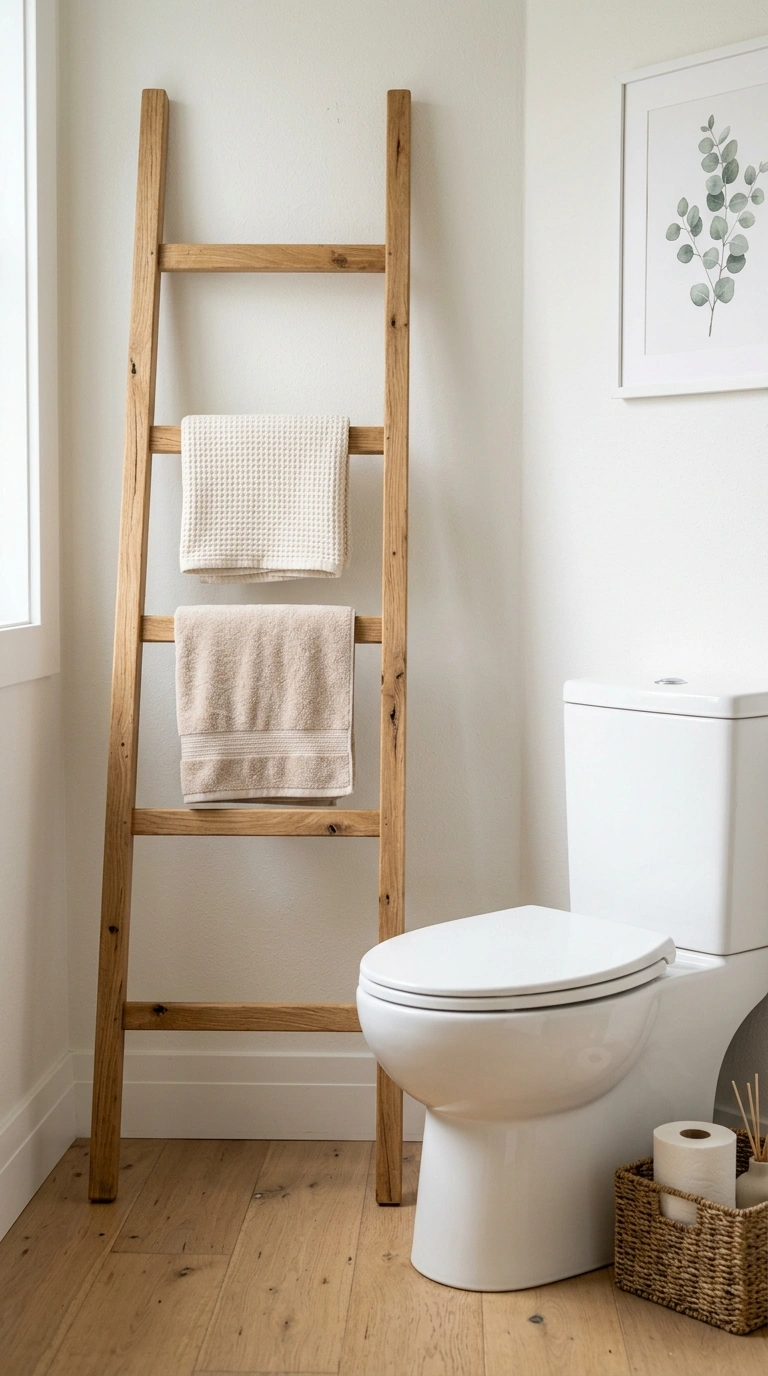 014 Towel Ladder Rack A leaning wood ladder rack besid
