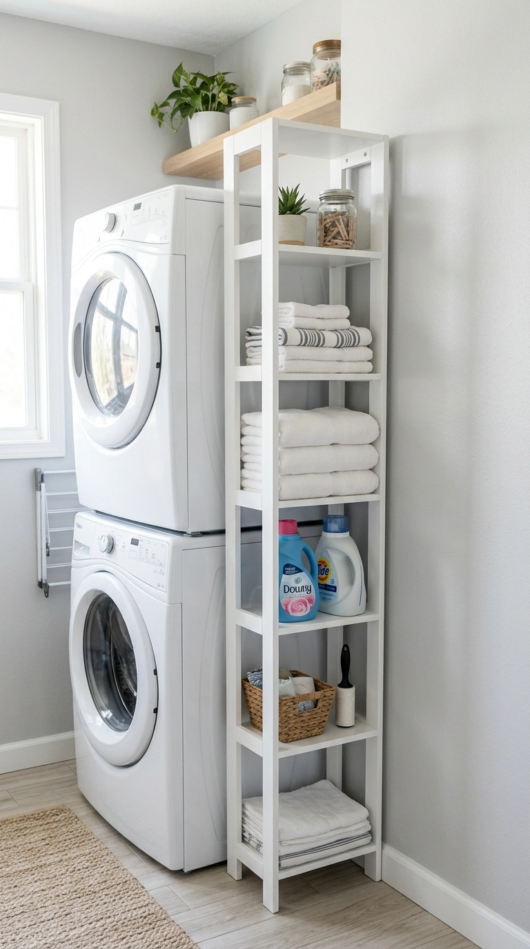 20 Laundry Room Ideas for Smarter Storage and Easier Laundry Days 15 014 Vertical Shelf Tower A narrow tall white shelving