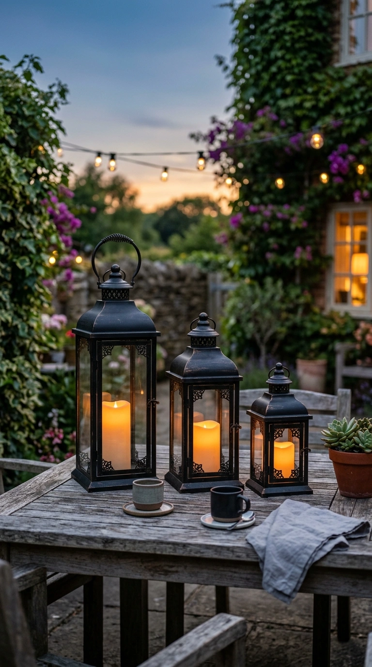 19 Outdoor Decor Ideas Everyone Is Saving Right Now 15 014 Vintage Lanterns A patio table styled with three v