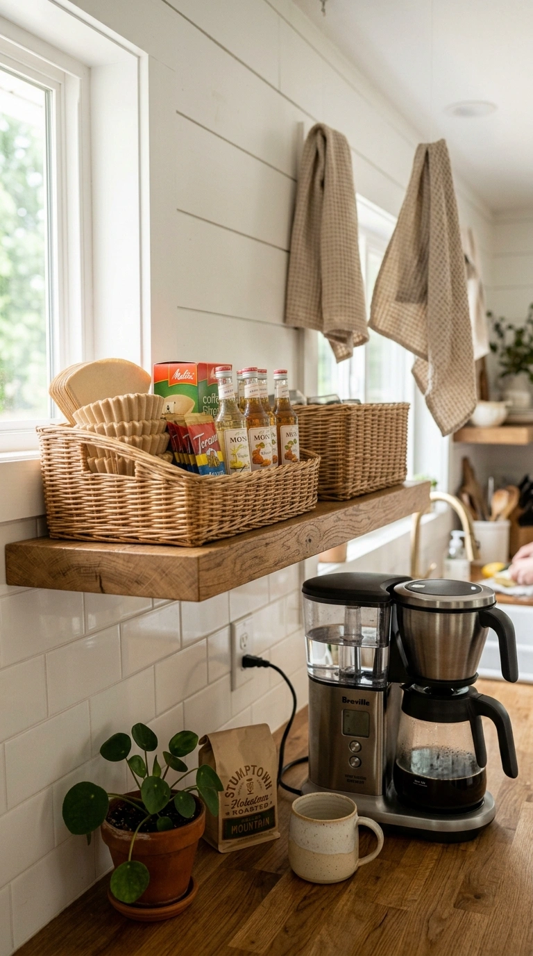 19 Coffee Station Setups That Bring Café Vibes Home 15 014 Wicker Basket Storage A kitchen open shelf with na